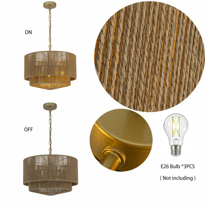 Armida 3-Light Rattan Rope Tiered Drum Pendant, Coastal Boho - Handwoven