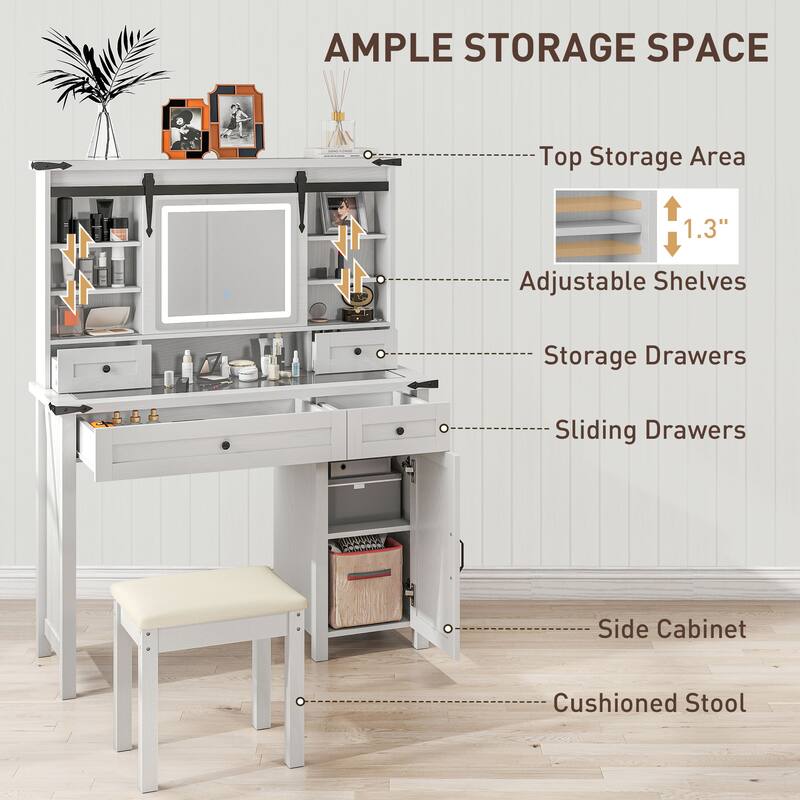 LED Dressing Table With 4 Drawers Cabinet Shelves And Stool - 42" W x 15.9" D x 54.1"H