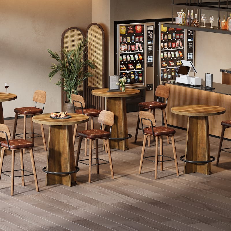 Round Home Bar Unit Wood Bistro Pub Table with Pedestal for Kitchen