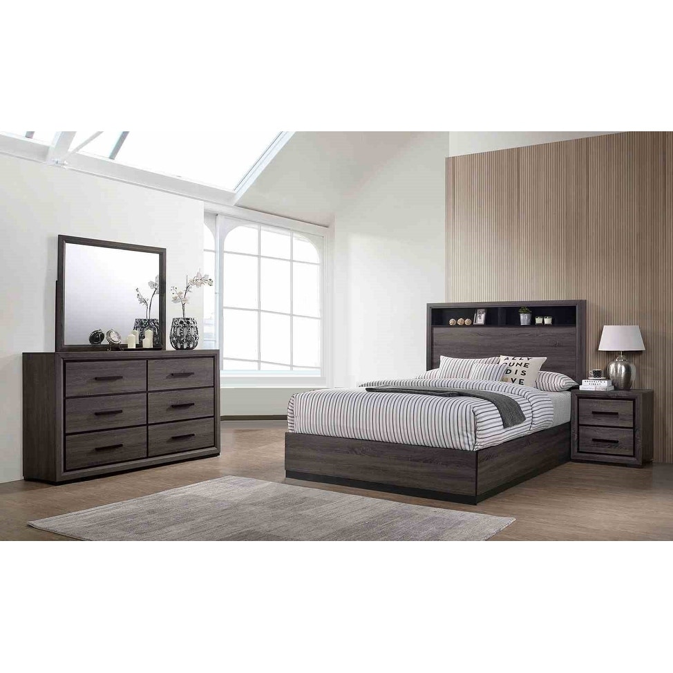 Modern Gray Bookcase Headboard Bed Dresser Mirror Nightstand Bedroom Set