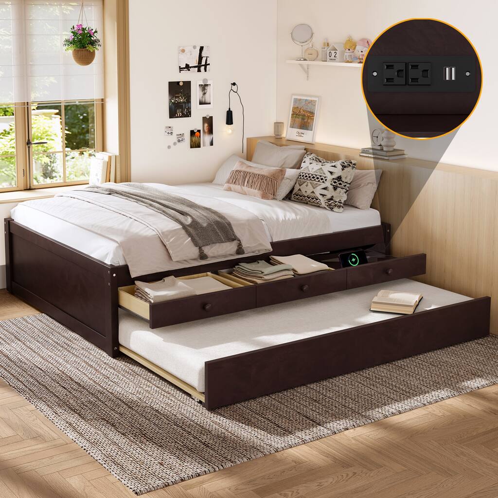 Full/Twin Platform Bed with Trundle, 2 Drawers & Built-in Power Outlets