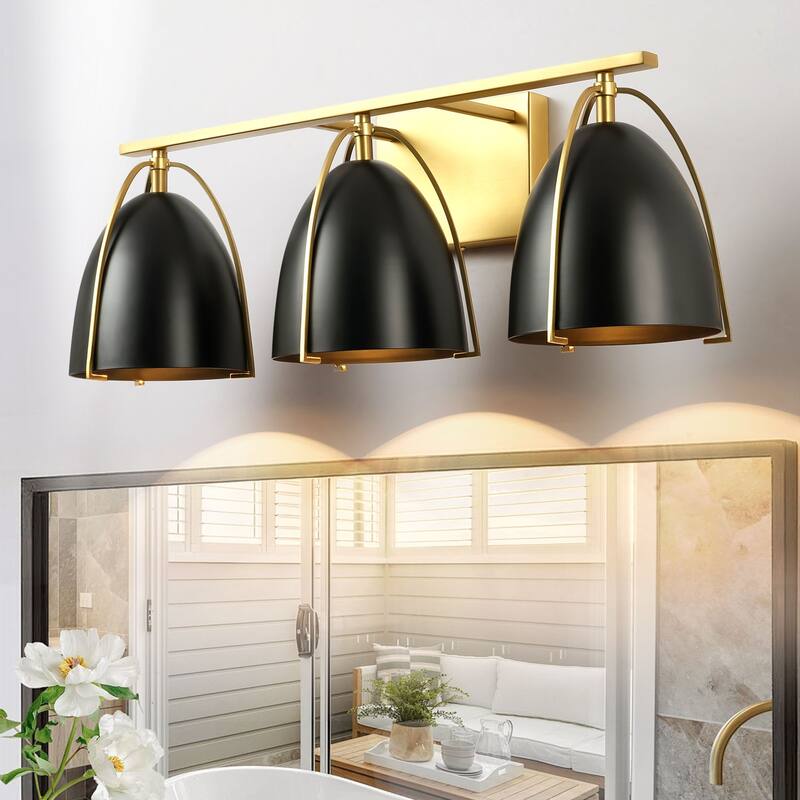 3-Light Mid-Century Modern Black and Brushed Gold Bowl Dome Vanity Light - 23.23 in. W x 8.66 in. H x 8.66 in. D - 23.23 in. W x 8.66 in. H x 8.66 in. D - Black&Gold