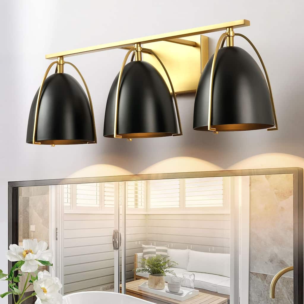 3-Light Mid-Century Modern Black and Brushed Gold Bowl Dome Vanity Light - 23.23 in. W x 8.66 in. H x 8.66 in. D