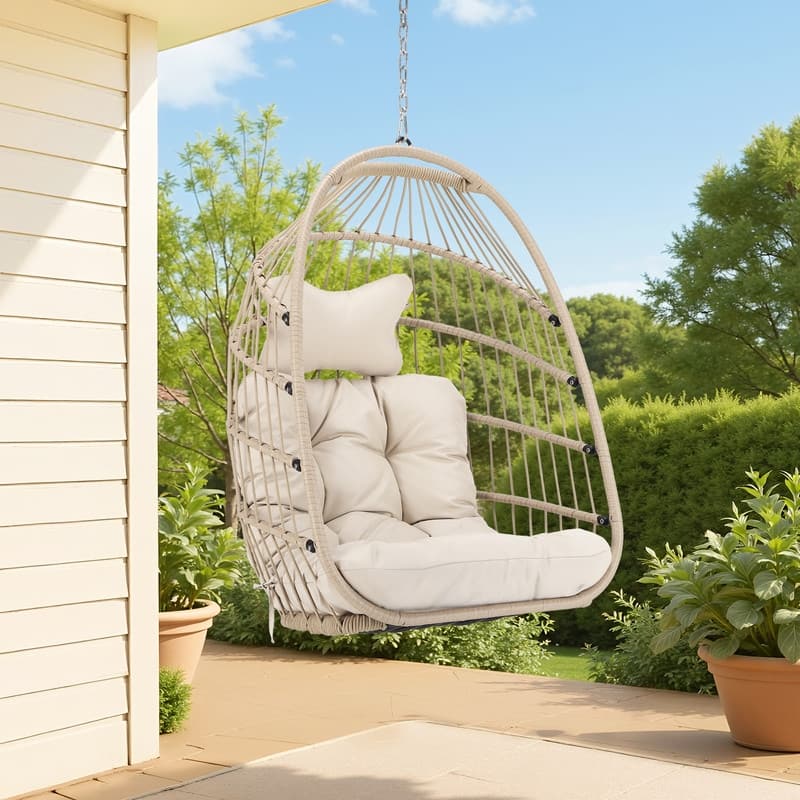 Patio Fordable Hanging Egg Chair Without Stand, 350 lbs Capacity, Outdoor Indoor Wicker Porch Swing Chair with Cushion