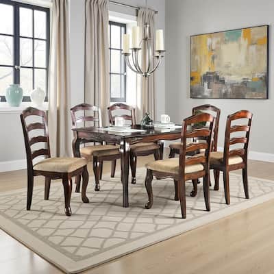 Viny 7pc Dining Table Set with 6 Fabric Chairs, Dark Walnut Solid Wood