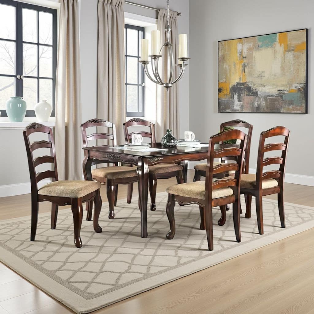 Viny 7pc Dining Table Set with 6 Fabric Chairs, Dark Walnut Solid Wood