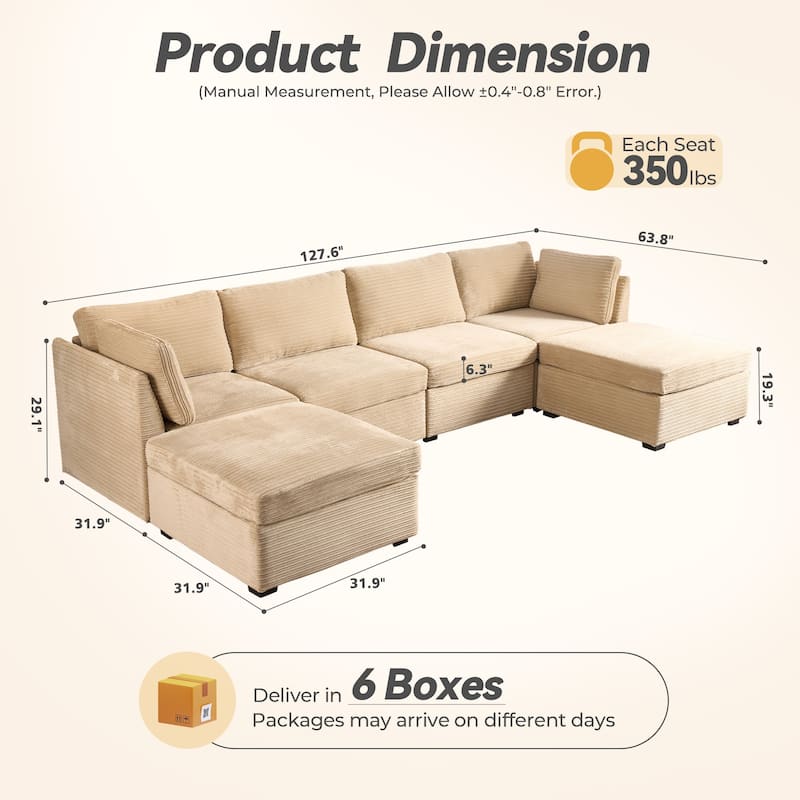 HOOOWOOO Modular U-shaped Corduroy Fabric Sectional Sofa Couch with Ottoman