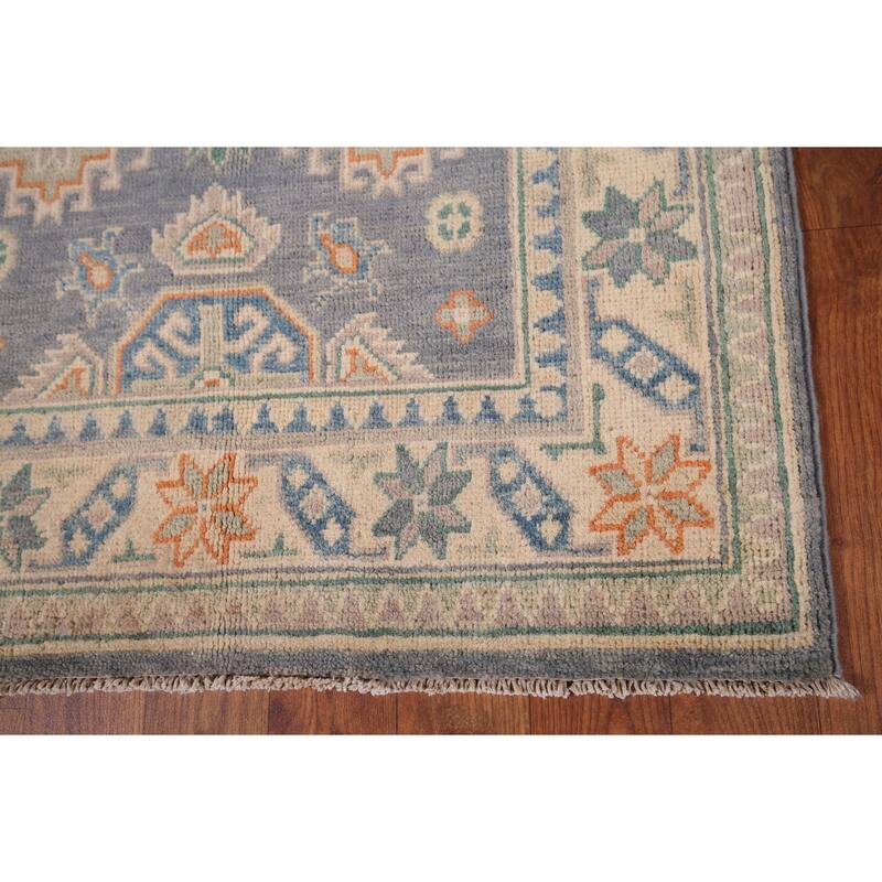 Geometric Kazak Accent Rug Hand-Knotted Grey Wool Carpet - 2'7" x 4'2"