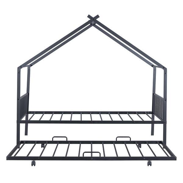 slide 2 of 13, Twin Size Metal House Bed with Twin Trundle & Slats, Kids Bed Frame with Headboard and Footboard, for Kids, Girls, Boys, Black Black - Twin