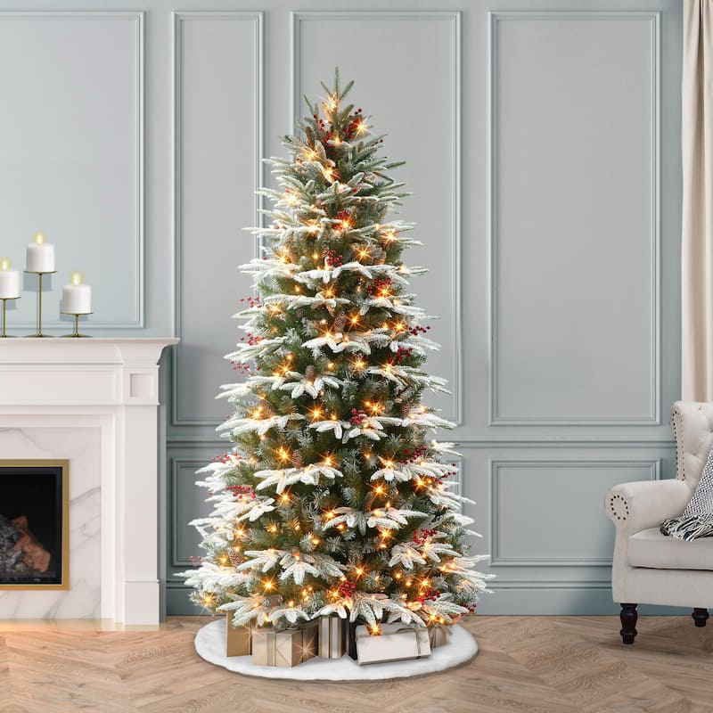 Puleo International 6.5 ft. Pre-lit Slim Flocked Halifax Fir Artificial Christmas Tree