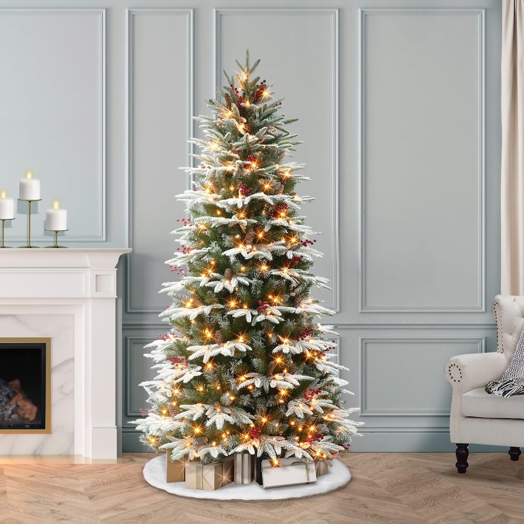 Puleo International 6.5 ft. Pre-lit Slim Flocked Halifax Fir Artificial Christmas Tree