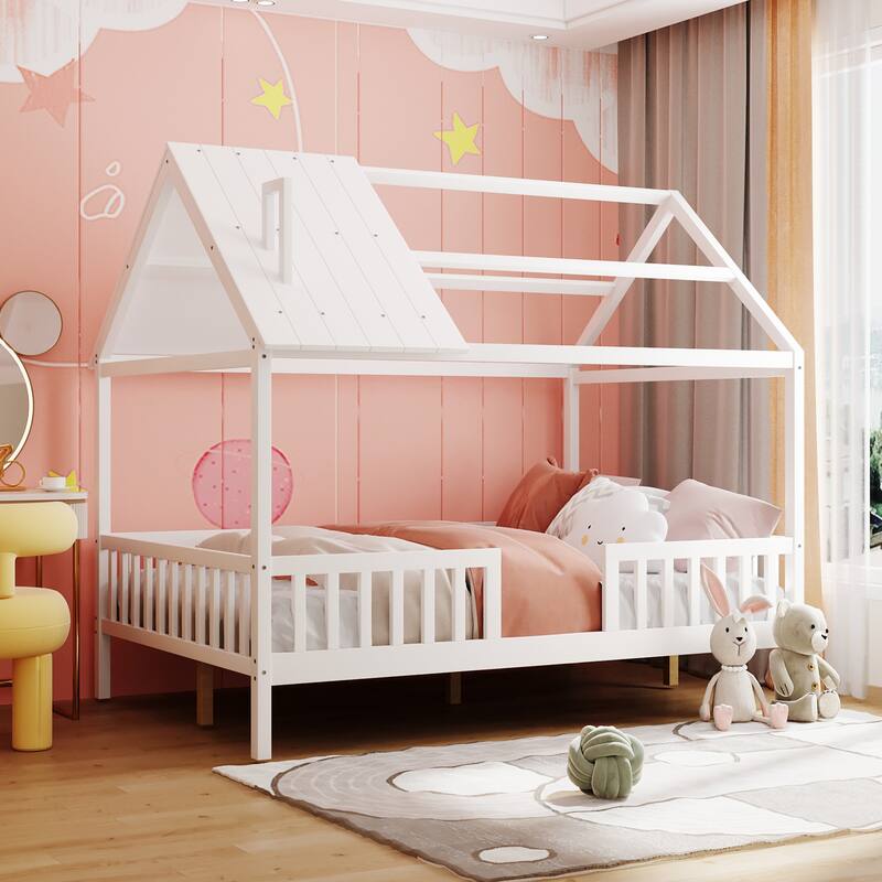 Montessori Full/Twin Size House Bed with Roof, Kids Playhouse Bed with Fence, Wood Platform Bed, No Box Spring Required