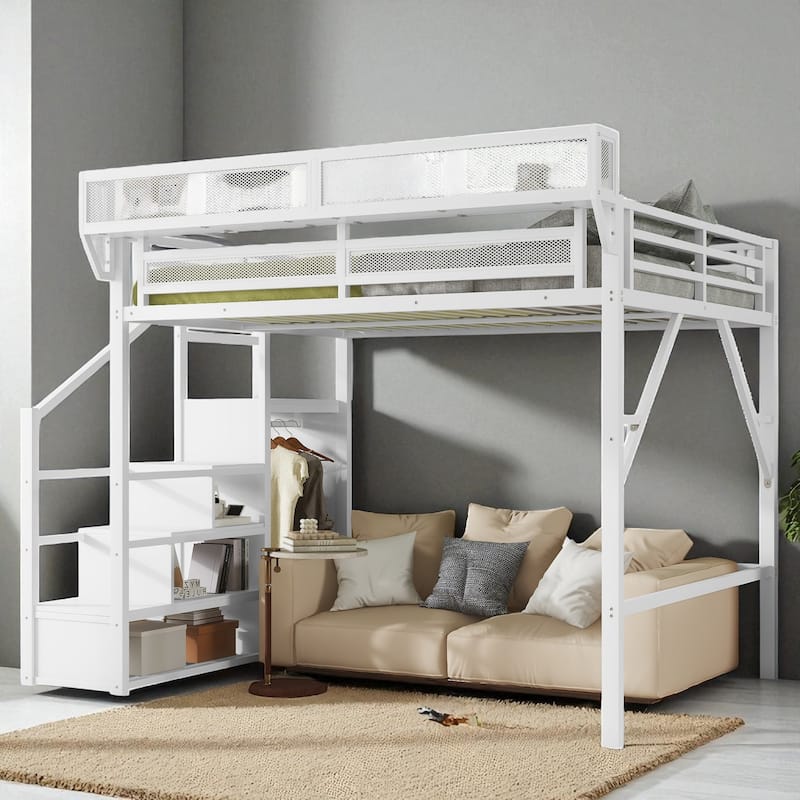 Full/Queen Metal Loft Bed with Stairs, Wardrobe, Mesh Shelf, White, 54.3 in Clearance, Guardrails, Kids Teens - White - Queen