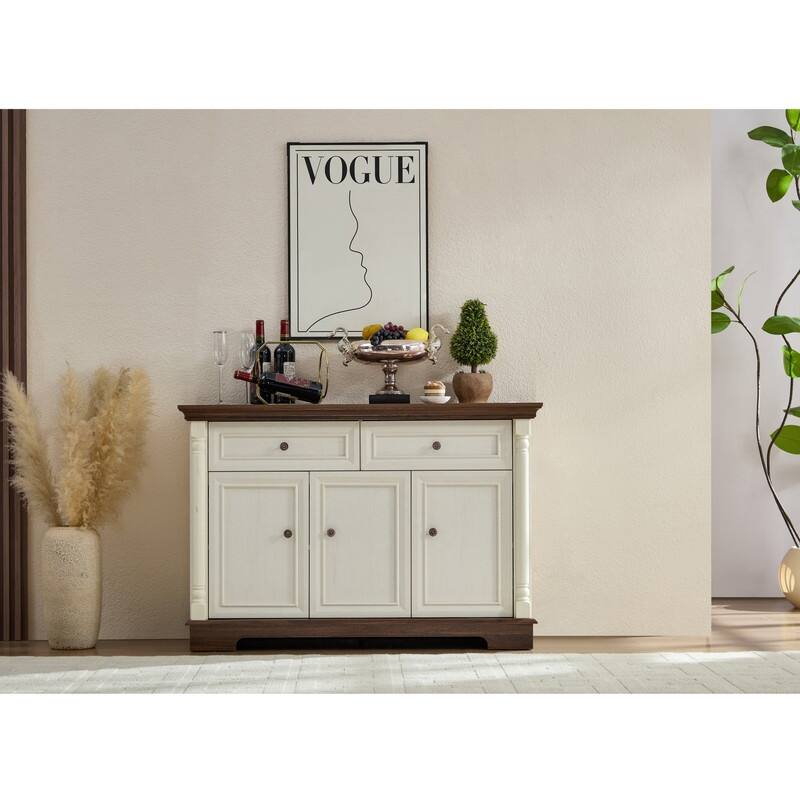 Farmhouse Roman Column Cabinet‌ – Wooden Storage Unit with Drawers & Doors, Coffee Bar & Wine Cooler for Kitchen or Hallway - Walnut,White - 15.75in. W X47.24in.DX31.50in. H