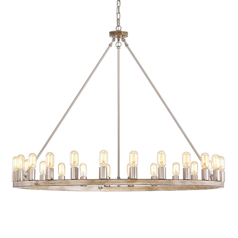 The Gray Barn Liam 48-inch Round Wagon Wheel 24-light Chandelier - Imitation Wood Grain+Nickel Socket