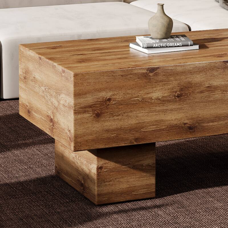 Wood Coffee Table for Living Room, 43.3" Farmhouse Coffee Table with Legs, Rectangular Center Table Cocktail Living Room Table
