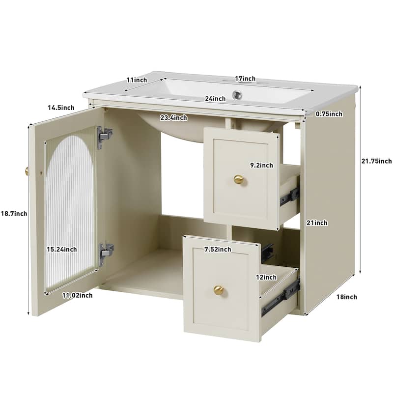 Modern 24 Inch Bathroom Vanity with Sink, Floating Cabinet with Storage Drawers and Glass-Door Compartment