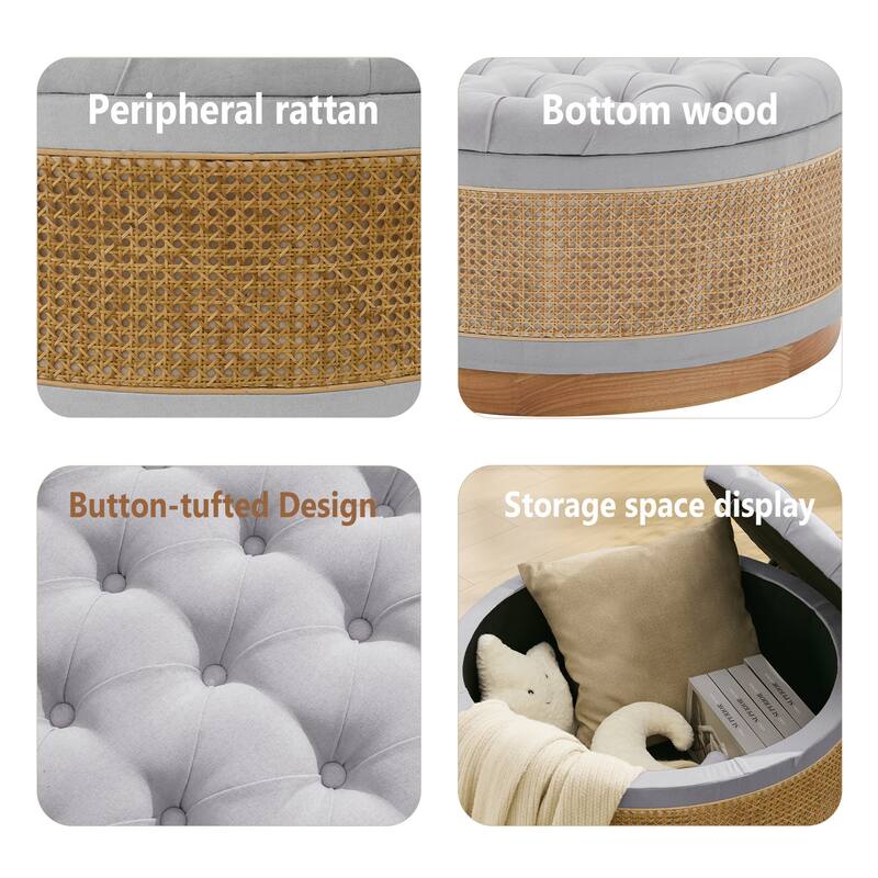 Linen & Rattan Round Storage Ottoman, Button-tufted Upholstery