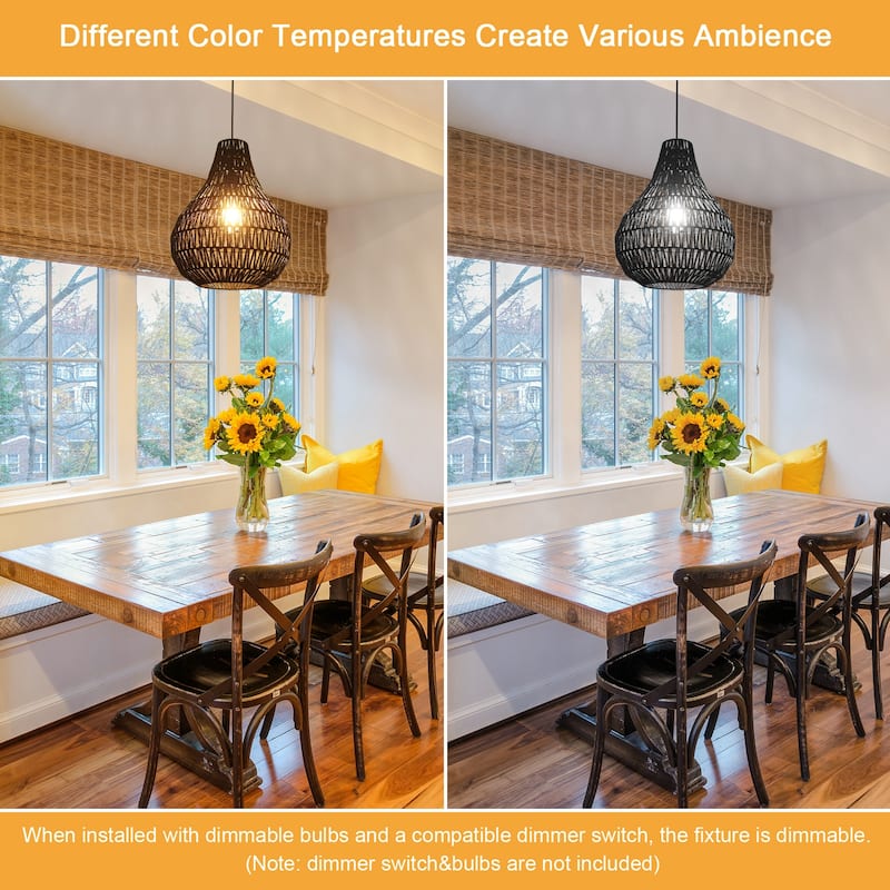 60 -Watt 1-Light Black Shaded Pendant Light with Rattan Gourd Shade, Classic Semi Flush Mount Chandelier for Dining Room