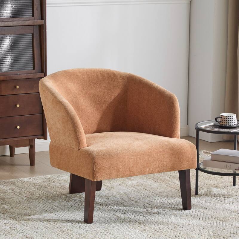 Modern Accent Chair with Round Back & Wooden Legs - Mid-Century Inspired Lounge Chair for Living Room, Bedroom, or Office