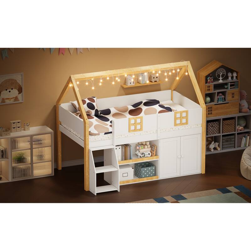 Roomfitters Twin/Full Low Loft Bed with LED Lights, Storage Staircase and Cabinets