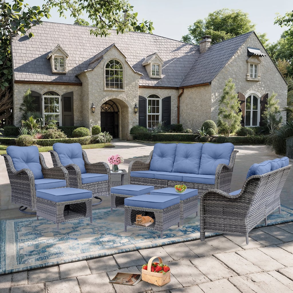 9 Piece Outdoor Wicker Patio Conversation Swivel Chairs Furniture Sets