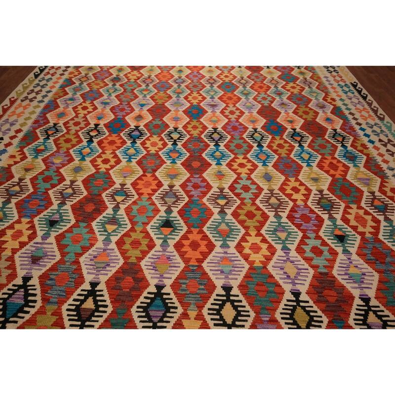 All-Over Geometric Kilim Oriental Large Rug Flatweave Wool Carpet - 10'3" x 16'6"