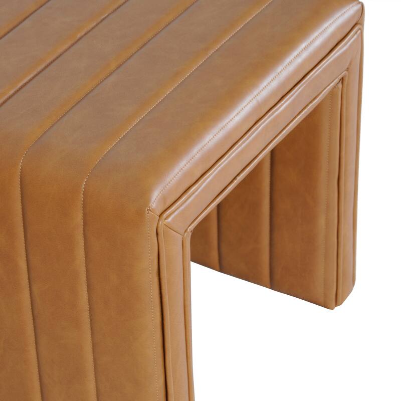 Ada Footstool Ottoman, Channel Tuft Caramel Brown Faux Leather 19 Inch