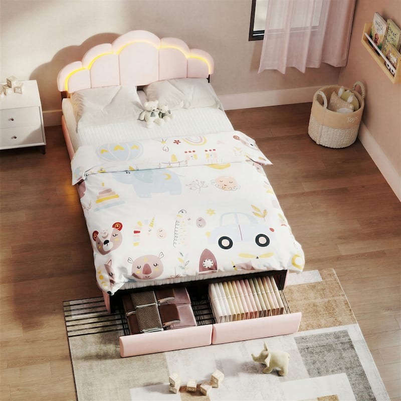 Velvet Upholstered Platform Bed with RGB LED Petal Headboard, Under Bed Storage Drawers Princess Bed Frame