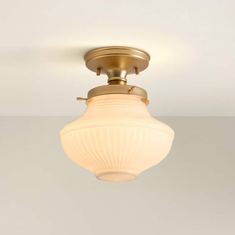 Everly Semi-Flush Mount - Metal, Glass Gold, Ivory White 1-Light Ceiling Light for Kitchen or Hallway in Modern, Farmhouse Style