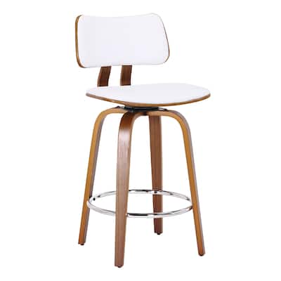 Mid-Century Faux Leather and Wood 26" Counter Stool with Swivel, Set of 3 - White and Walnut