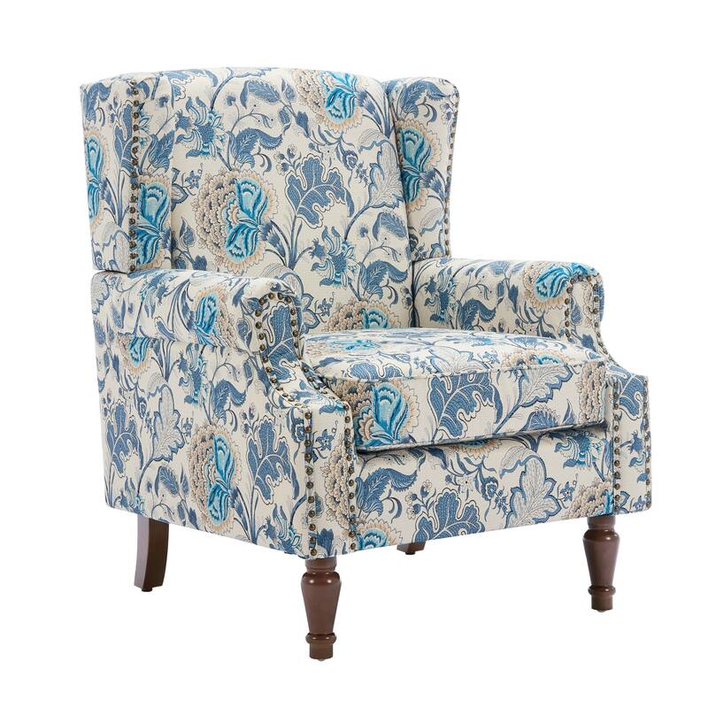 2 Set Transitional Patterned Wingback Accent Chairs with NailHead