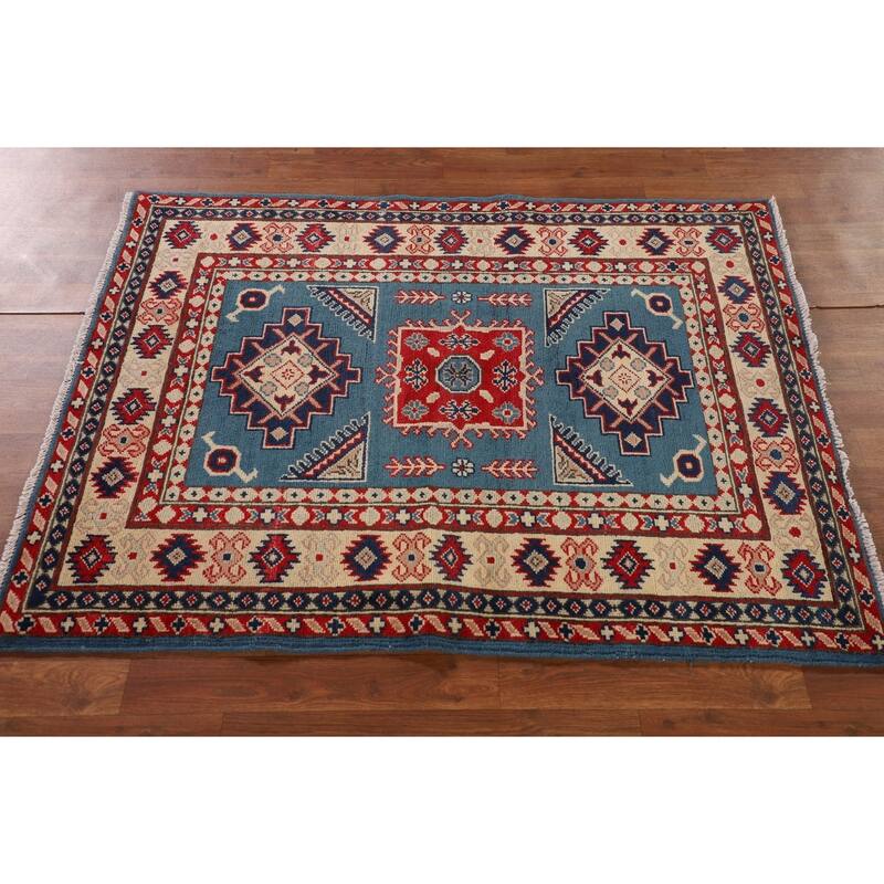 Blue Geometric Kazak Oriental Accent Rug Hand-Knotted Wool Carpet - 3'6"x 4'6"