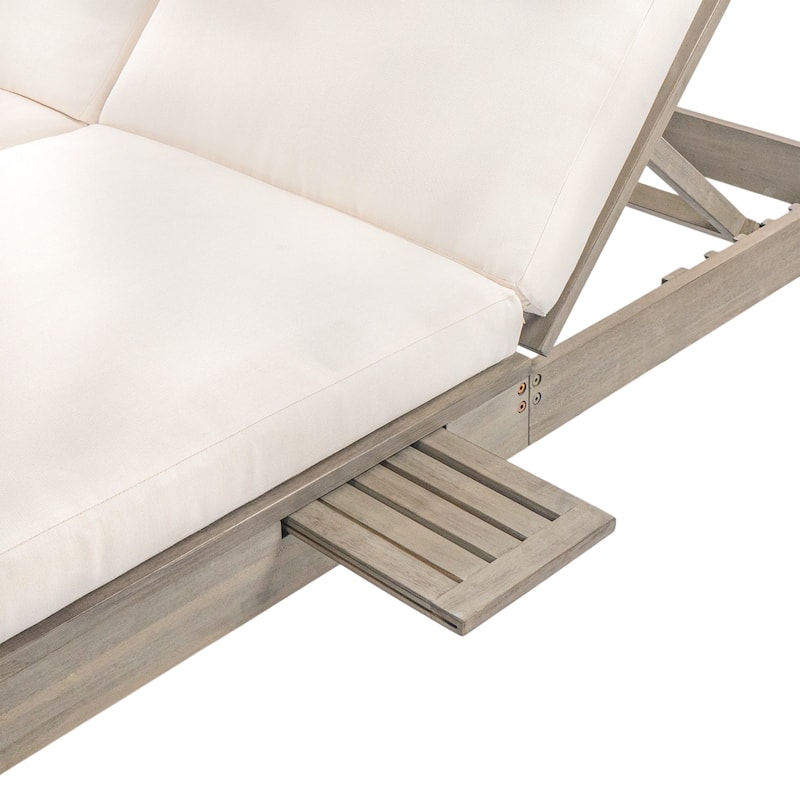 Outdoor Patio Acacia Wood Double Daybed Sunbed with Adjustable Backrest and Folding Side Trays