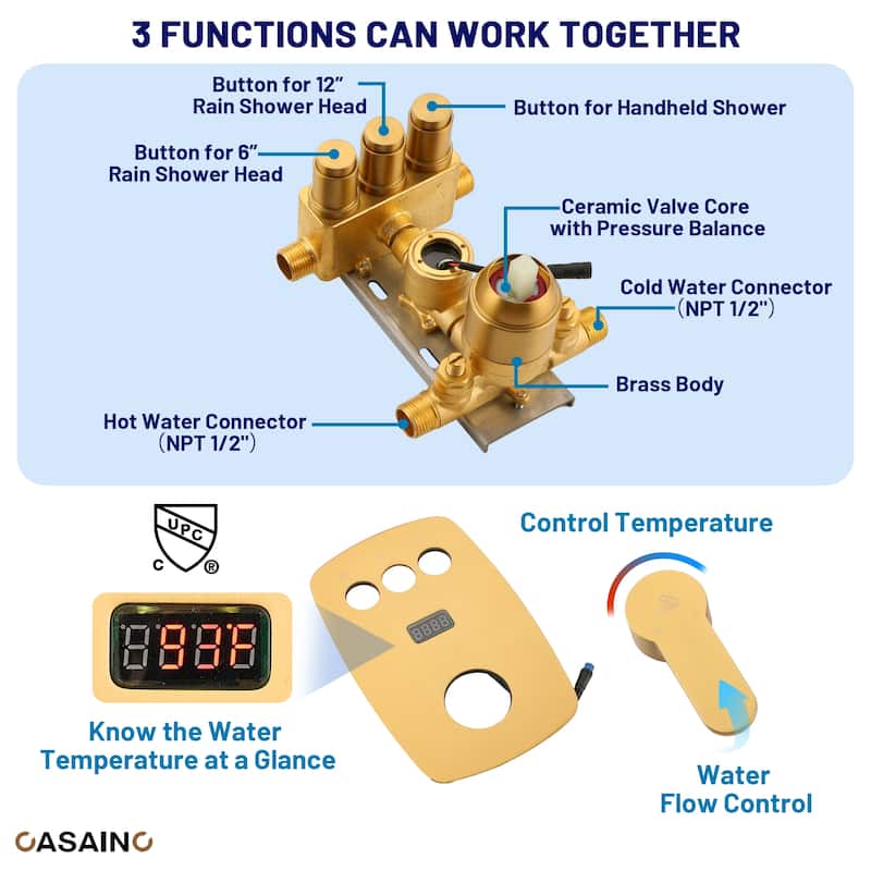 3-Spray Patterns 1.8 GPM 12 in. and 6 in. Dual Shower Head and Handheld Shower Head with Digital Display and Pressure-Balanced