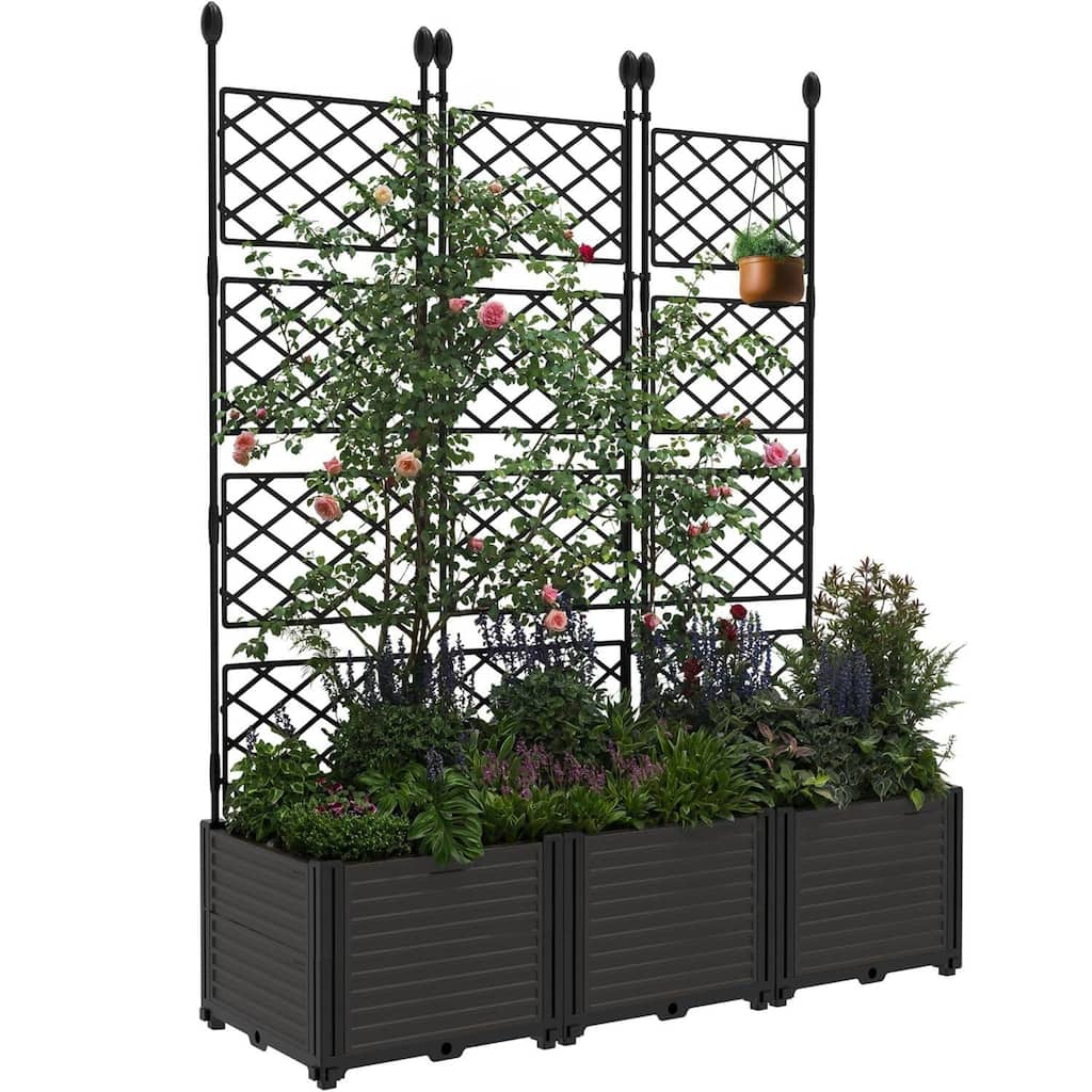 3 Compartment Raised Garden Bed with Trellis & Privacy Screen, Garden Planter Box