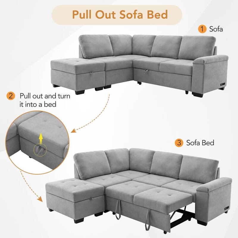 84.75" Velvet L-Shaped Sectional Sofa with Storage Ottoman, USB & Hidden Storage