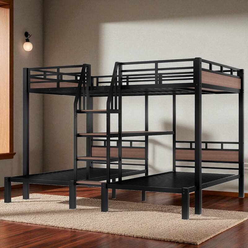 Twin/Queen over Twin over Twin Metal Triple Bunk Bed with Storage Shelves & Built-in Stairs, Black Heavy Duty Frame