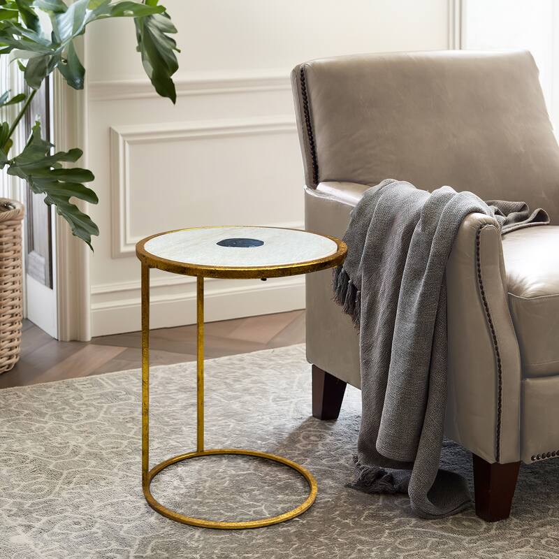 20 Inch Round Side End Table, White Marble Top with Blue Agate Stone Inlay, Gold Foil Finish Iron Frame