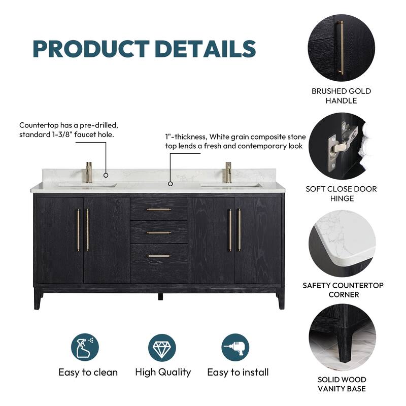 Gara Double Bath Vanity with Composite Stone Top without Mirror