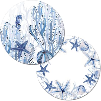 Wipe-Clean Reversible Round Shaped Placemats, Indigo Coastal, Set of 4, Made in The USA