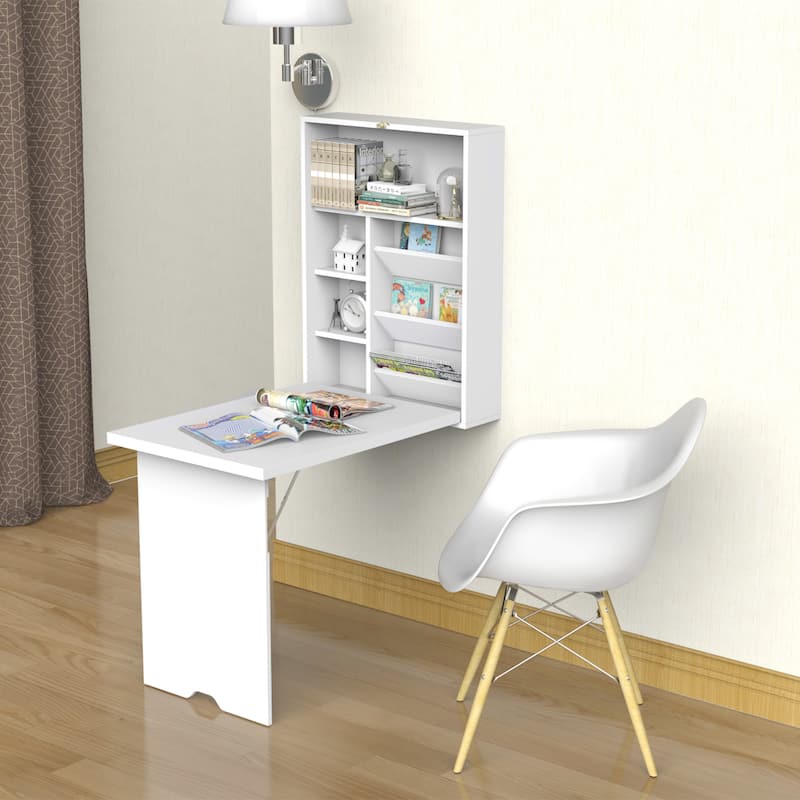 HOMCOM Compact Fold Out Wall Mounted Convertible Desk With Storage, White
