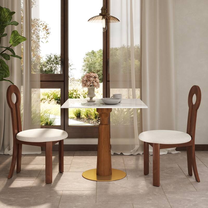 33" Retro Square Side Table, Glass & Sintered Stone Tabletop Dining Table with Solid Wood Pedestal