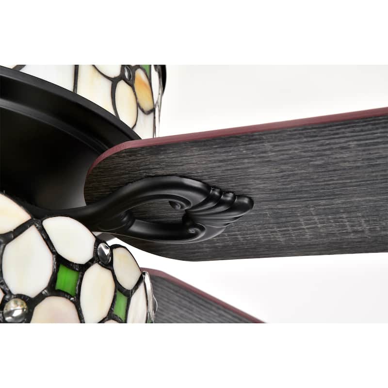 Guarvey 52-Inch Flushmount Two-Tiered Lighted Ceiling Fan Ivory Tiffany Glass Lamp Black Finish