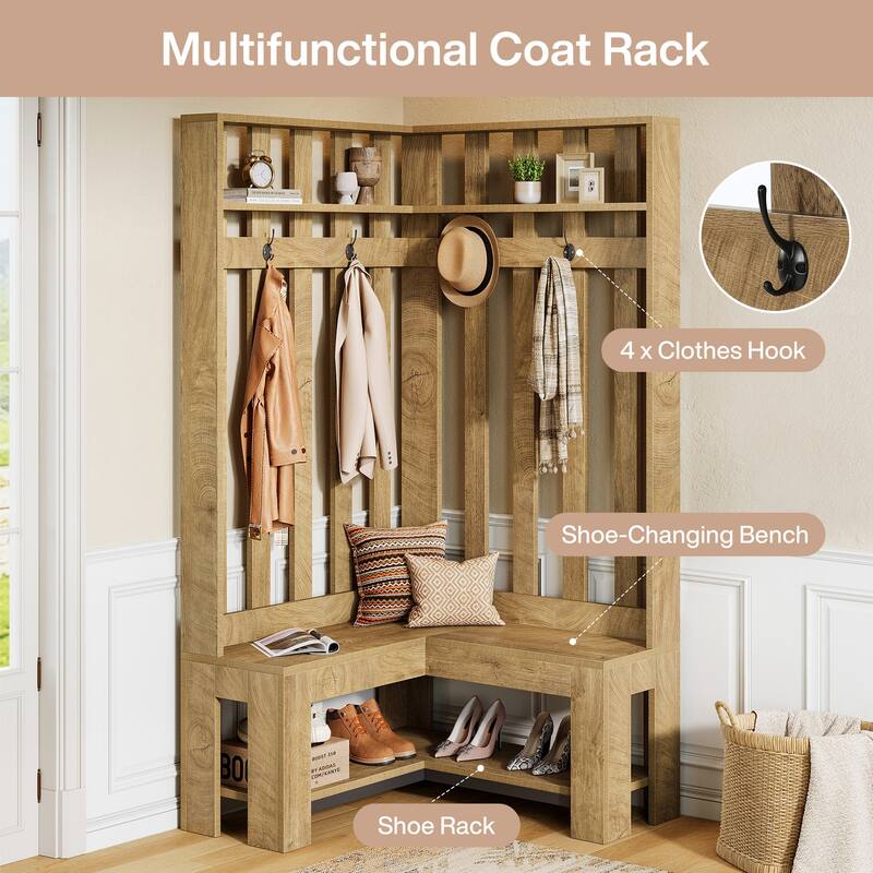 L-Shaped Entryway Hall Tree with Shoe Storage Shelf and 4 Hooks