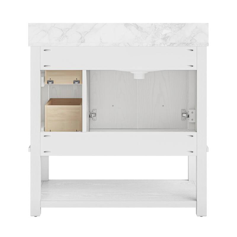 48" Bathroom Vanity with Sink, Marble Countertop Single Bathroom Vanity with 6 Drawers, White