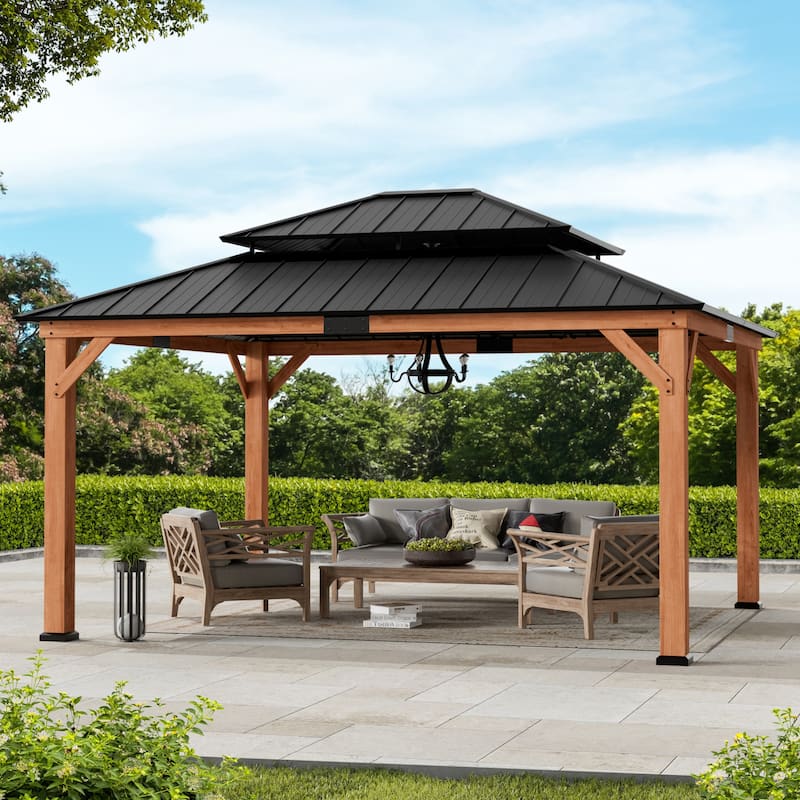Wood Gazebo 13' x 15', Grill Gazebo with Galvanized Steel Roof, Permanent with Sturdy Hooks for Garden, Backyard