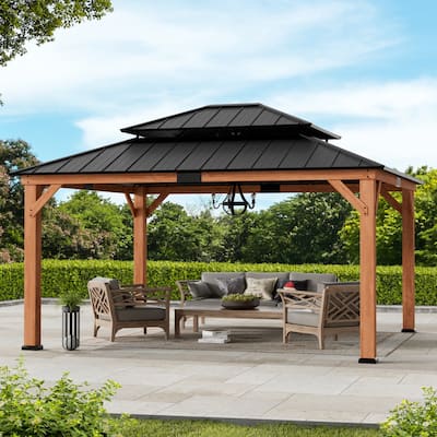 Wood Gazebo 13' x 15', Grill Gazebo with Galvanized Steel Roof, Permanent with Sturdy Hooks for Garden, Backyard