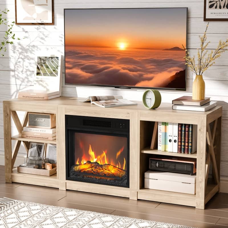TV Stand with Optional Fireplace for TVs up to 70in Farmhouse Entertainment Center with Adjustable Shelves - No Fireplace - Natural