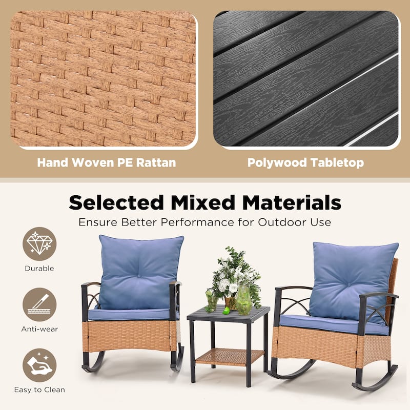 3-Piece Outdoor Rocking/Swivel Chair Set - PE Rattan Patio Furniture with Cushions & Coffee Table, Rocker Chairs for Backyard